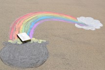 a glowing Bible in a pot of gold at the end of a rainbow 