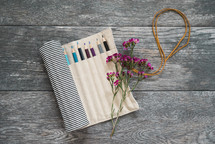 colored pencils, bag, art suppiles, wildflowers 
