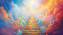 Stairway to heaven with rainbow clouds 