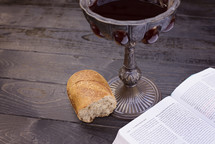 communion wine and bread and open Bible 