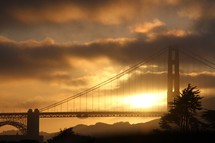 Sunset behind the Golden Gate Bridge.