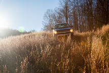Blue pickup truck vehicle driving off-road through thick brush besides the woods at golden hour