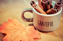 grateful mug and fall leaves 