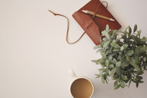 journal, coffee mug, pencil, and house plant on a desk 