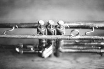 a close up of trumpet valves in black and white