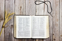 open Bible and cross necklace on a wood background 