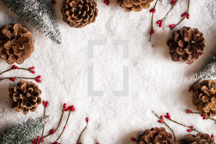 Snowy Christmas background with pine cone and berry frame