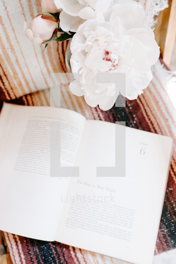open book and vase of pink peonies 