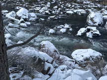 Snow covered rocks in a stream