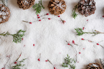 Snowy background with pine cone and berry frame