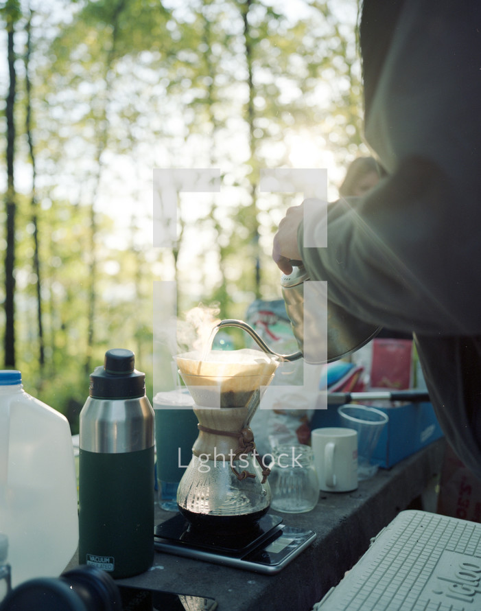 slow brewing coffee with camping 