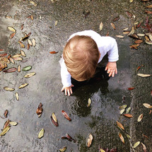 a toddler boy playing in a puddle 