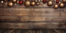 Christmas background with wooden planks and christmas ornaments.