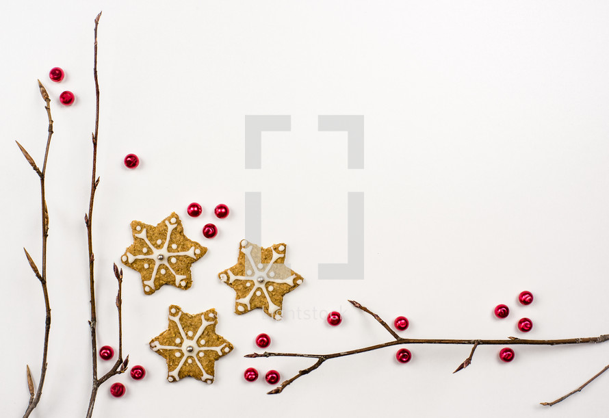 star, Christmas, cookies, sticks, background, red berries, border, holidays 