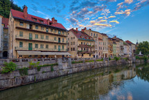 Cityscape view on Ljubljanica river canal in Ljubljana old town. Ljubljana is the capital of Slovenia and famous european tourist destination