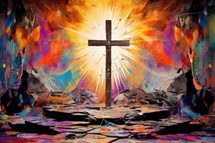 Cross of Jesus Christ on the rocks with colorful background