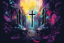 Cross in the city. Grunge background. Illustration