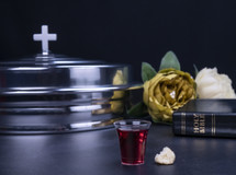 Communion glass cups on tray filled with wine, the symbol of Jesus Christ blood 