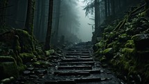 Staircase in a dark forest with trees and moss, Halloween background