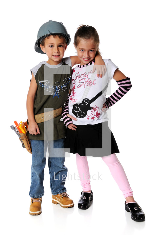 Boy and girl hugging, boy dressed as a workman