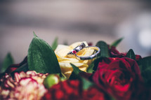 Wedding rings on a bouquet of flowers.