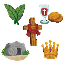 Holy Week spot illustrations for children. Includes Palm Sunday, The Last Supper or Communion, the Cross, the tomb, and a crown.