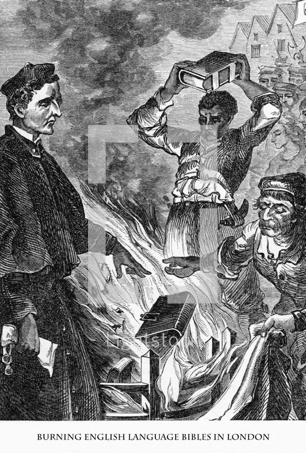 A drawing of burning Bibles in London.