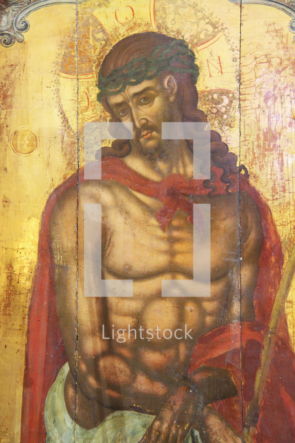 Icon Painting of Jesus  wearing crown of thorns