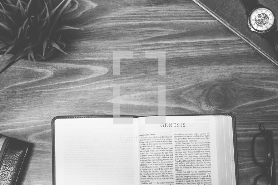 Genesis, open Bible, Bible, pages, reading glasses, wood table 