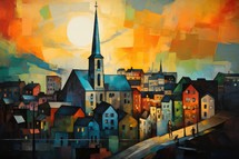 Digital painting of the old town and Church