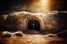 Cross in the tomb of Jesus Christ in the cave. 3d rendering. Jesus's empty tomb
