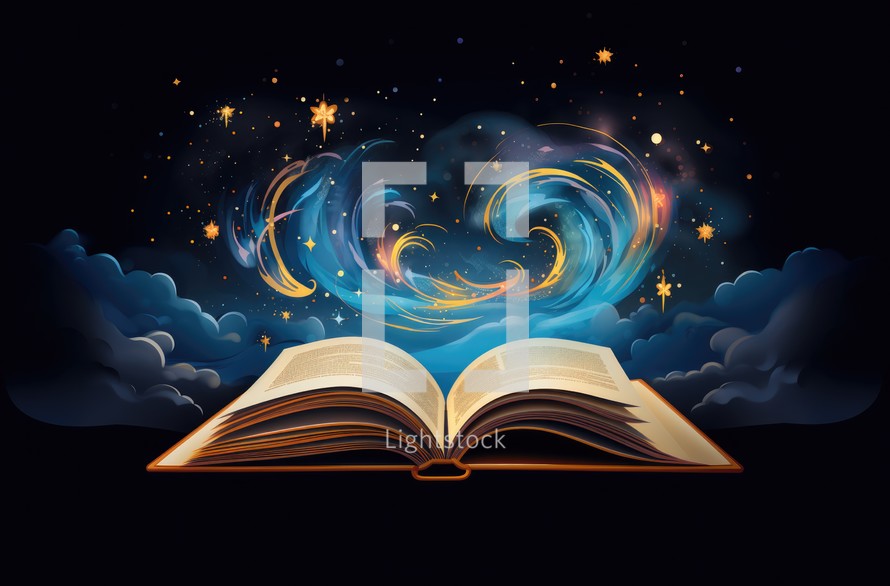 Illustration of bible with fire and stars on dark background.