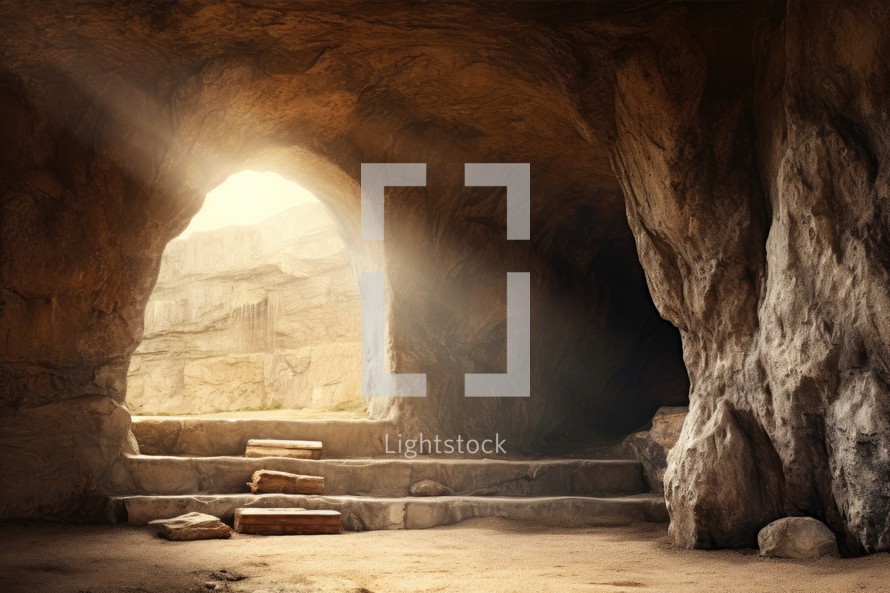 Entrance to the cave with light from the sun. Natural background. Jesus's empty tomb
