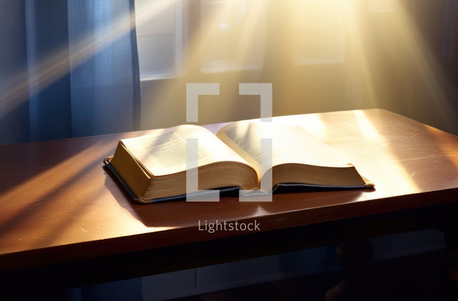 Open bible on a wooden table in the rays of the sun.