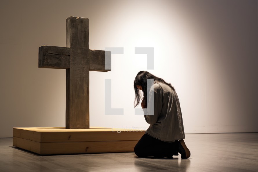 Young woman praying in front of a wooden cross in a dark room