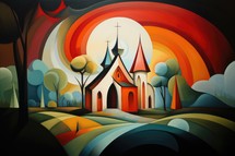 Illustration of a church in the woods with a moon in the background