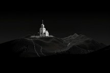 Conceptual image of a church in the desert. 3d rendering