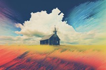 Church on the field and sky with clouds. Colorful abstract background.