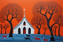 Illustration of a church surrounded by trees and reindeers.