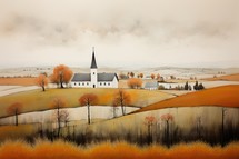 Landscape with church and autumn trees. Digital painting in watercolor style.