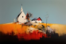 Abstract painting of church in the village. Colorful painting on canvas.