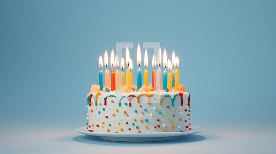 Colorful candles on a birthday cake with sprinkles. 