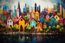Cityscape with Church, colorful houses and trees painted in water. Digital painting.