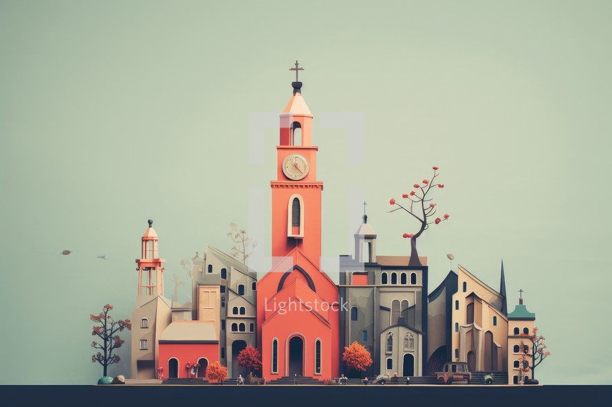 Vintage style of Miniature city with old church and blue sky