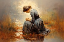 Beautiful girl in a long dress praying by the river