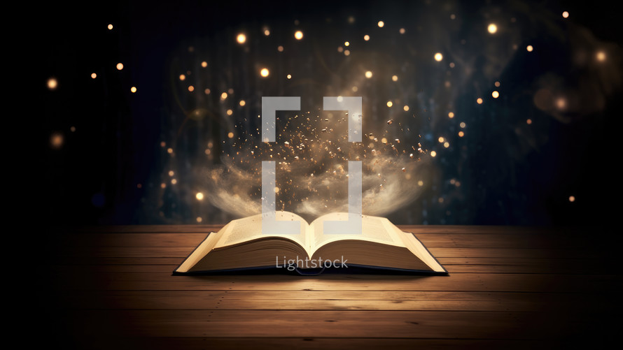 Open bible on wooden deck with bokeh lights and stars background