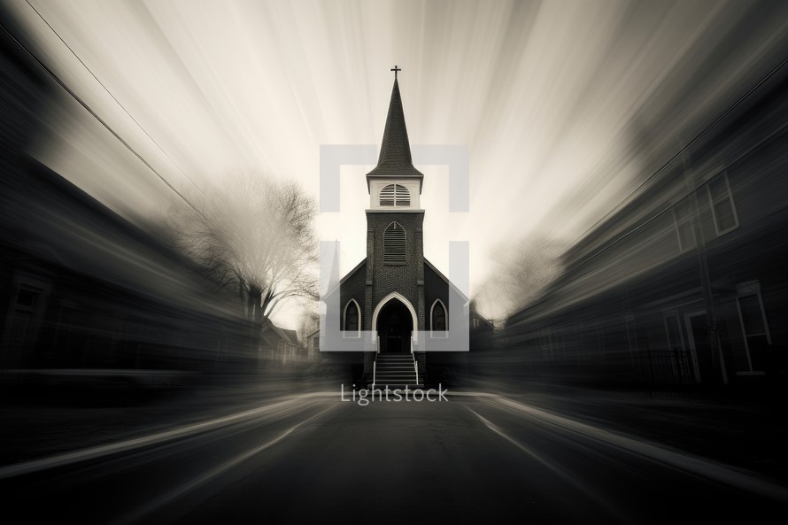 Church in the middle of the road with motion blur effect in black and white. Pinhole photography