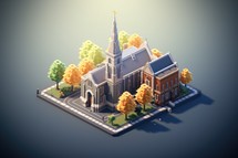 Church in the city. 3D illustration. Isometric view. Pixel Art
