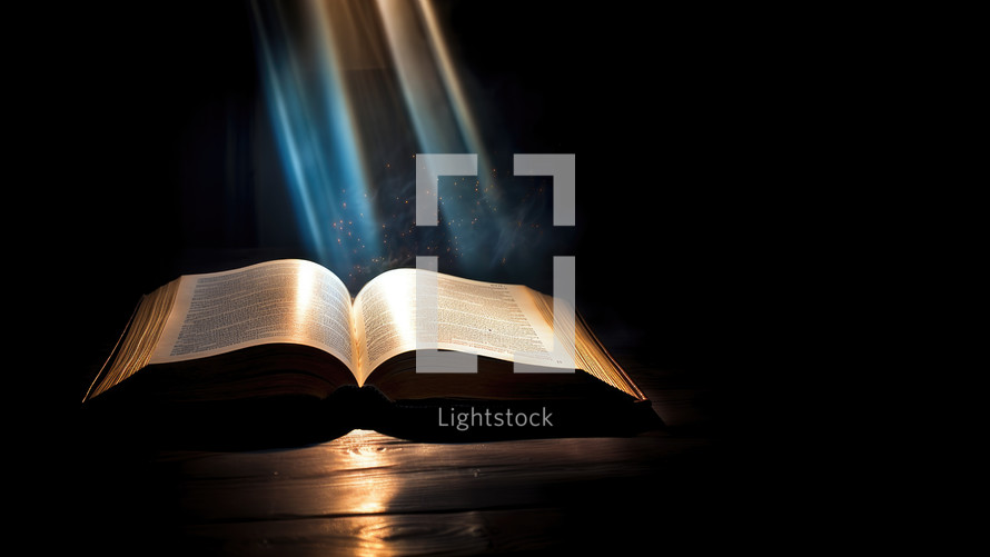Open bible on a dark background with rays of light coming out from the pages