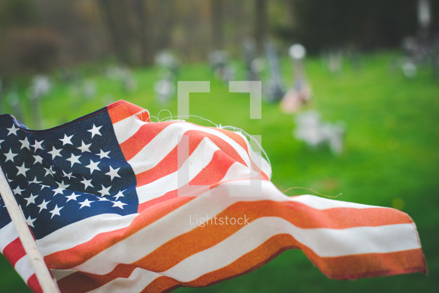 American flags in a cemetery 